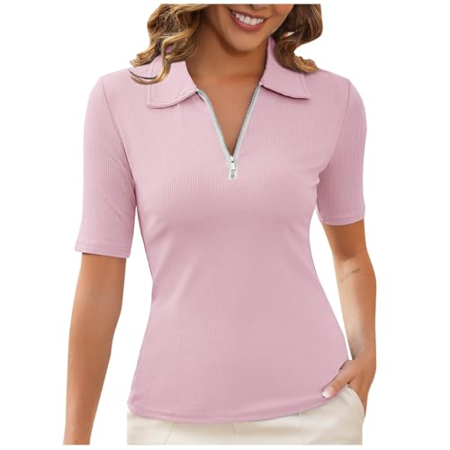 Dyhxuan Poloshirt Damen Kurzarm Polohemd Einfarbig Tennis Shirts Gerippt Strick Top Zipper V-Ausschnitt Oberteile Business Arbeit T Shirt Elegant Bluse Tunika Leicht Kurzarmshirt Revers Blusen von Dyhxuan