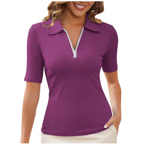 Dyhxuan Poloshirt Damen Kurzarm Polohemd Einfarbig Tennis Shirts Gerippt Strick Top Zipper V-Ausschnitt Oberteile Business Arbeit T Shirt Elegant Bluse Tunika Leicht Kurzarmshirt Revers Blusen von Dyhxuan