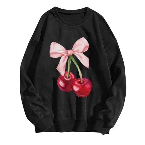 Dyhxuan Pullover Damen Kirsche Druck Langarmshirt Casual Rundhals Sweatshirt Modisches Bedruckte Pulli Ohne Kapuze Locker Bequem Longsleeve Oberteile Vielseitig Sportshirt Winterpullover für Frauen von Dyhxuan