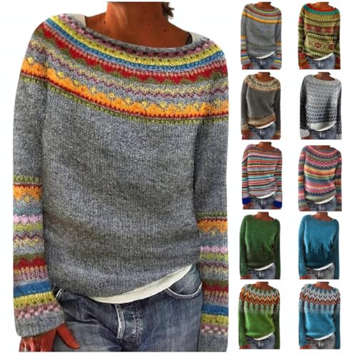 Dyhxuan Pullover Damen Vintage Strickpullover Große Größen Norweger Pulli Warm Bequem Winterpullover Elegant Sweater Rundhals Strickpulli Langarm Wollpullover Autumn Winter Oberteile Wollpulli von Dyhxuan