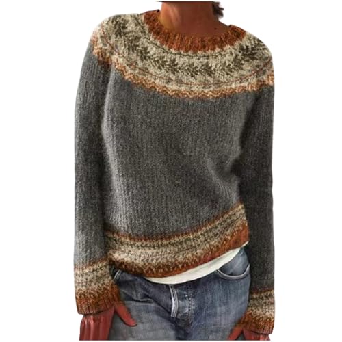 Dyhxuan Pullover Damen Vintage Strickpullover Große Größen Norweger Pulli Warm Bequem Winterpullover Elegant Sweater Rundhals Strickpulli Langarm Wollpullover Autumn Winter Oberteile Wollpulli von Dyhxuan