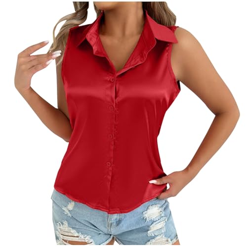 Dyhxuan Satin Hemd Damen Sommer Ärmellose Bluse Button Down Umlegekragen Tanktop Slim Fit Blusenshirt Oberteile Casual Blusentops Lässig Business Damenbluse Tank Top Elegant Frauen Trägertop von Dyhxuan