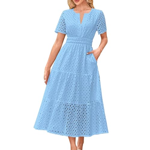 Dyhxuan Sommerkleid Damen Elegant A-Linien Kleid Lässiges V-Ausschnitt Kleider mit Lochstickerei Sommer Kurzarm Maxikleid Hohle Sommerkleider Baumwolle Damenkelider Freizeitkleid von Dyhxuan