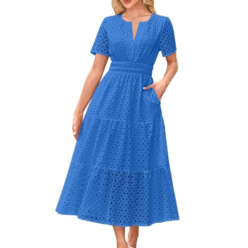 Dyhxuan Sommerkleid Damen Elegant A-Linien Kleid Lässiges V-Ausschnitt Kleider mit Lochstickerei Sommer Kurzarm Maxikleid Hohle Sommerkleider Baumwolle Damenkelider Freizeitkleid von Dyhxuan