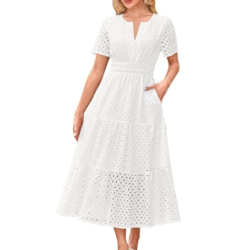 Dyhxuan Sommerkleid Damen Elegant A-Linien Kleid Lässiges V-Ausschnitt Kleider mit Lochstickerei Sommer Kurzarm Maxikleid Hohle Sommerkleider Baumwolle Damenkelider Freizeitkleid von Dyhxuan