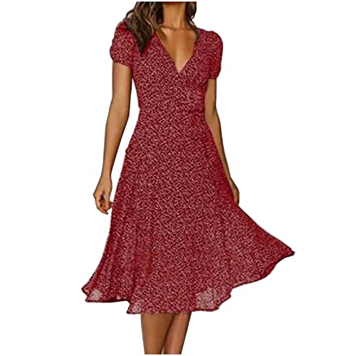 Dyhxuan Sommerkleid Damen Elegant Einfarbige Partykleid Knielang Kleider Damen Tunika A-Linie Kleid mit Schnürungen Kurzarm V-Ausschnitt Blusenkleid Urlaubs Strandkleid Heute Blitzangebote von Dyhxuan