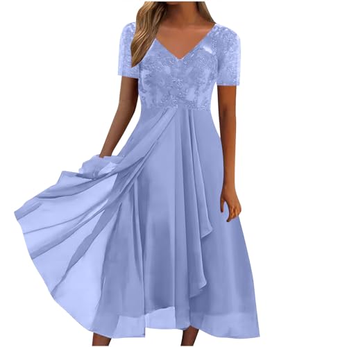 Dyhxuan Sommerkleid Damen Knielang Spitze Chiffon Swing Kleid Elegant Einfarbige Blusenkleid Kurzarm Tunika Kleider mit V-Ausschnitt Bequeme A-Linie Kleid Partykleid Midi Plisseekleid von Dyhxuan