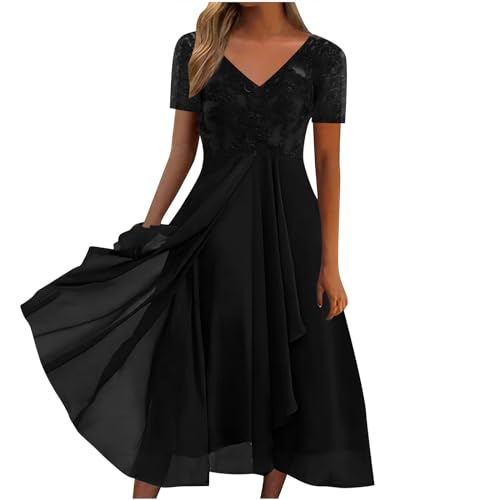 Dyhxuan Sommerkleid Damen Knielang Spitze Chiffon Swing Kleid Elegant Einfarbige Blusenkleid Kurzarm Tunika Kleider mit V-Ausschnitt Bequeme A-Linie Kleid Partykleid Midi Plisseekleid von Dyhxuan