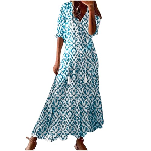 Dyhxuan Sommerkleid Damen Lang Blumenmuster Bohemian Kleid 3/4 Arm V-Ausschnitt Maxikleid Vintage Ethnostil Tunika Kleider Leicht und Luftig Sommerkleider Strandkleid Casual Blumenkleid Damenkleider von Dyhxuan