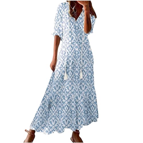 Dyhxuan Sommerkleid Damen Lang Blumenmuster Bohemian Kleid 3/4 Arm V-Ausschnitt Maxikleid Vintage Ethnostil Tunika Kleider Leicht und Luftig Sommerkleider Strandkleid Casual Blumenkleid Damenkleider von Dyhxuan