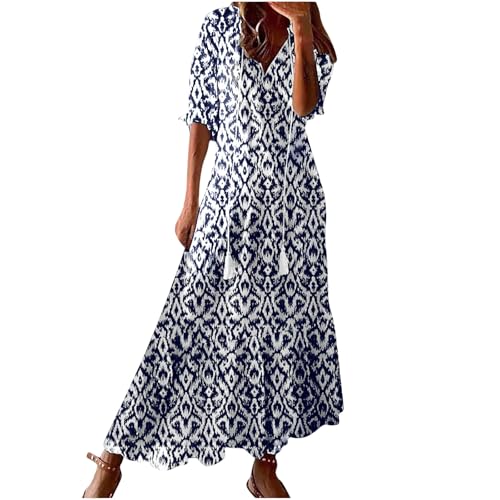 Dyhxuan Sommerkleid Damen Lang Blumenmuster Bohemian Kleid 3/4 Arm V-Ausschnitt Maxikleid Vintage Ethnostil Tunika Kleider Leicht und Luftig Sommerkleider Strandkleid Casual Blumenkleid Damenkleider von Dyhxuan