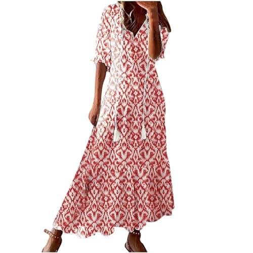 Dyhxuan Sommerkleid Damen Lang Blumenmuster Bohemian Kleid 3/4 Arm V-Ausschnitt Maxikleid Vintage Ethnostil Tunika Kleider Leicht und Luftig Sommerkleider Strandkleid Casual Blumenkleid Damenkleider von Dyhxuan