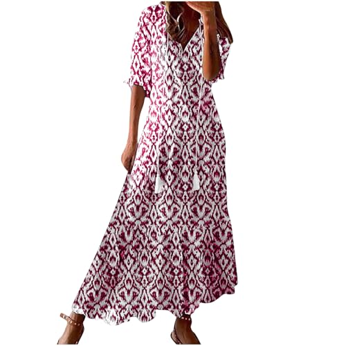 Dyhxuan Sommerkleid Damen Lang Blumenmuster Bohemian Kleid 3/4 Arm V-Ausschnitt Maxikleid Vintage Ethnostil Tunika Kleider Leicht und Luftig Sommerkleider Strandkleid Casual Blumenkleid Damenkleider von Dyhxuan