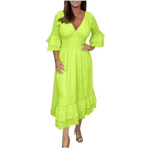 Dyhxuan Sommerkleid Damen Lang Tunika Kleid Lässig Einfarbige Maxikleid Ausgestellte Ärmel V-Ausschnitt Partykleid Knöchellang A-Linie Kleider Locker Blusenkleid Freizeitkleid Skaterkleid von Dyhxuan