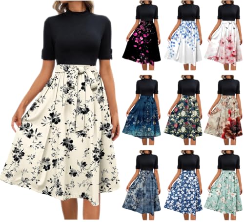 Dyhxuan Sommerkleid Damen Rollkragen Kurzarm Midikleid Sommer Gerippt Freizeitkleid Hohe Taille Blumen Kleid Lässiges Sommerkleider Blumenkleid von Dyhxuan