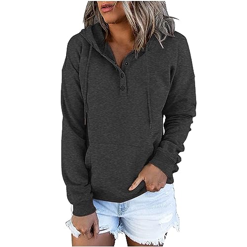 Dyhxuan Sweatshirt Damen Knopfleiste Kapuzenpullover Einfarbig Hoodie mit Kordelzug Langarm Pullover mit Tasche Autumn Winter Pulli Langarmshirt Frauen Sweatjacke Outwear Trendy Kapuzenpulli 2024 von Dyhxuan