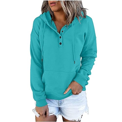 Dyhxuan Sweatshirt Damen Knopfleiste Kapuzenpullover Einfarbig Hoodie mit Kordelzug Langarm Pullover mit Tasche Autumn Winter Pulli Langarmshirt Frauen Sweatjacke Outwear Trendy Kapuzenpulli 2024 von Dyhxuan
