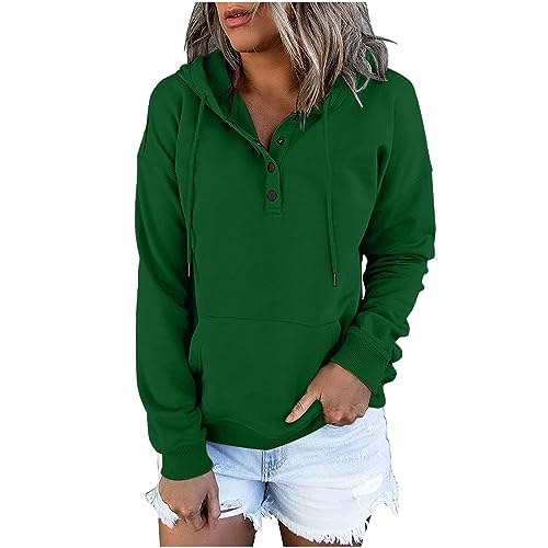 Dyhxuan Sweatshirt Damen Knopfleiste Kapuzenpullover Einfarbig Hoodie mit Kordelzug Langarm Pullover mit Tasche Autumn Winter Pulli Langarmshirt Frauen Sweatjacke Outwear Trendy Kapuzenpulli 2024 von Dyhxuan