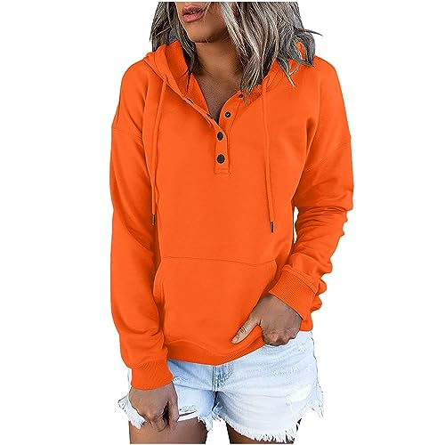 Dyhxuan Sweatshirt Damen Knopfleiste Kapuzenpullover Einfarbig Hoodie mit Kordelzug Langarm Pullover mit Tasche Autumn Winter Pulli Langarmshirt Frauen Sweatjacke Outwear Trendy Kapuzenpulli 2024 von Dyhxuan
