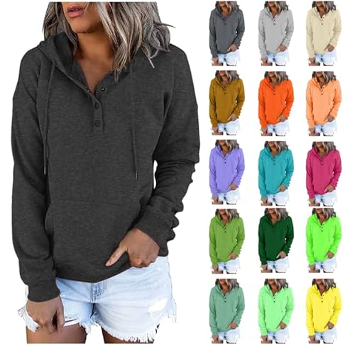 Dyhxuan Sweatshirt Damen Knopfleiste Kapuzenpullover Einfarbig Hoodie mit Kordelzug Langarm Pullover mit Tasche Autumn Winter Pulli Langarmshirt Frauen Sweatjacke Outwear Trendy Kapuzenpulli 2024 von Dyhxuan