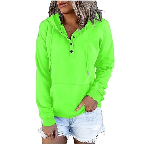 Dyhxuan Sweatshirt Damen Knopfleiste Kapuzenpullover Einfarbig Hoodie mit Kordelzug Langarm Pullover mit Tasche Autumn Winter Pulli Langarmshirt Frauen Sweatjacke Outwear Trendy Kapuzenpulli 2024 von Dyhxuan