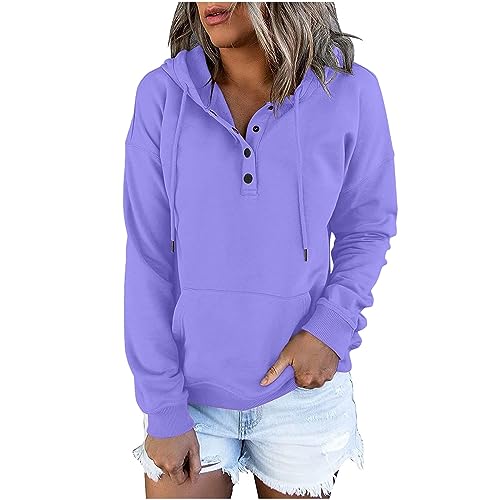 Dyhxuan Sweatshirt Damen Knopfleiste Kapuzenpullover Einfarbig Hoodie mit Kordelzug Langarm Pullover mit Tasche Autumn Winter Pulli Langarmshirt Frauen Sweatjacke Outwear Trendy Kapuzenpulli 2024 von Dyhxuan