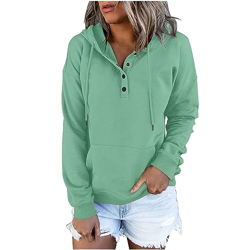Dyhxuan Sweatshirt Damen Knopfleiste Kapuzenpullover Einfarbig Hoodie mit Kordelzug Langarm Pullover mit Tasche Autumn Winter Pulli Langarmshirt Frauen Sweatjacke Outwear Trendy Kapuzenpulli 2024 von Dyhxuan