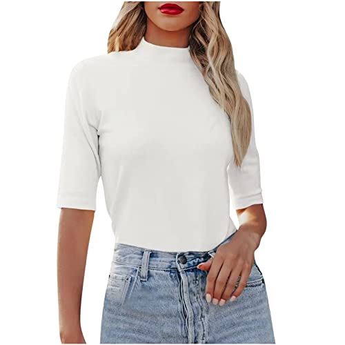 Dyhxuan T Shirt Damen Basic Half Rollkragen Shirt Slim Fit Einfarbig Oberteile Sommer 1/2 Arm T-Shirt Leicht Untershirt Eng Kurzarm Tshirt Stretch Bequem Pullover Tops Casual Blusen Tunika von Dyhxuan