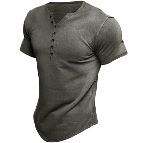 Dyhxuan T-Shirts für Herren Henley Ausschnitt Hemd Retro Einfarbige Freizeithemd Sommer Kurzarm Tshirt Knöpfen V-Ausschnitt Oberteile Große Größen Tops Gemütlich Basic T Shirt für Männer Streetwear von Dyhxuan