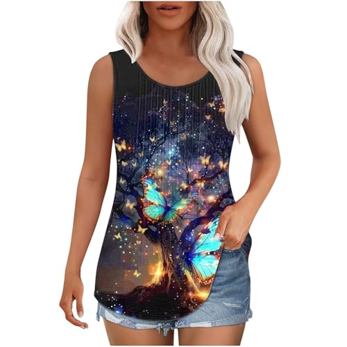 Dyhxuan Tank Top Damen Bunte Schmetterling Druck Oberteile Sommer Ärmellose Tanktops Große Größen Plissierte Trägertop Basic Rundhals Pullover Tops Elegant Bedrucken Trägershirt Lässig Tunika Bluse von Dyhxuan