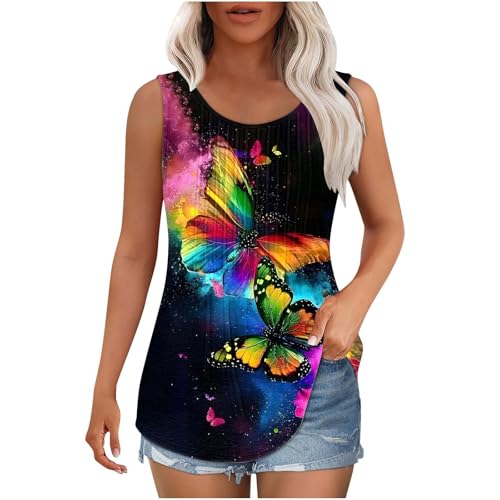 Dyhxuan Tank Top Damen Bunte Schmetterling Druck Oberteile Sommer Ärmellose Tanktops Große Größen Plissierte Trägertop Basic Rundhals Pullover Tops Elegant Bedrucken Trägershirt Lässig Tunika Bluse von Dyhxuan