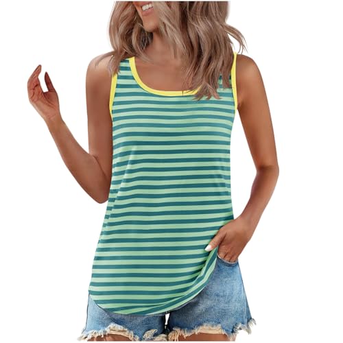 Dyhxuan Tank Top Damen Farbblock Gestreiftem Tanktops Locker Rundhals Ringeltop Leicht Sommer Ärmellose Bluse Komfortable Baumwolle Trägertop Tunika Casual Streifen Trägershirt Blusentops für Frauen von Dyhxuan
