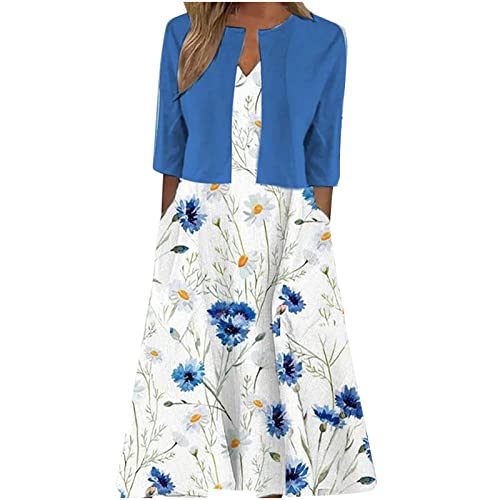 Dyhxuan Tankkleid Damen ärmellos Sommerkleid mit V-Ausschnitt + Kurzarm Einfarbige Jacke Elegant Blumen Druck Maxikleid Zweiteiler Set Damen Kleider Knielang Partykleid Locker Westenkleid von Dyhxuan