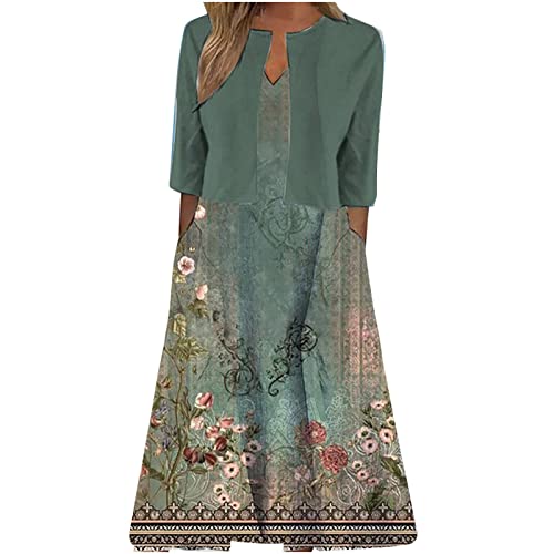 Dyhxuan Tankkleid Damen ärmellos Sommerkleid mit V-Ausschnitt + Kurzarm Einfarbige Jacke Elegant Blumen Druck Maxikleid Zweiteiler Set Damen Kleider Knielang Partykleid Locker Westenkleid von Dyhxuan