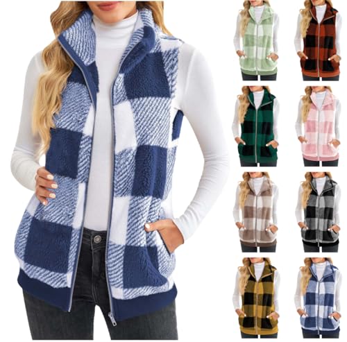 Dyhxuan Teddy Fleece Weste Damen Kariert Plüschweste Warm Ärmellose Fleeceweste Autumn Winter Übergangsjacke Leicht Teddywesten Zip Up Winterjacke Elegant Damenweste Herbstjacke mit Stehkragen von Dyhxuan