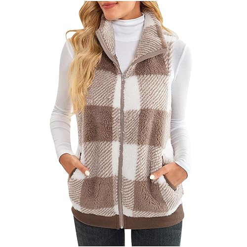 Dyhxuan Teddy Fleece Weste Damen Kariert Plüschweste Warm Ärmellose Fleeceweste Autumn Winter Übergangsjacke Leicht Teddywesten Zip Up Winterjacke Elegant Damenweste Herbstjacke mit Stehkragen von Dyhxuan