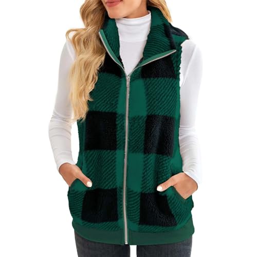 Dyhxuan Teddy Fleece Weste Damen Kariert Plüschweste Warm Ärmellose Fleeceweste Autumn Winter Übergangsjacke Leicht Teddywesten Zip Up Winterjacke Elegant Damenweste Herbstjacke mit Stehkragen von Dyhxuan
