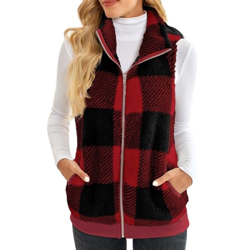 Dyhxuan Teddy Fleece Weste Damen Kariert Plüschweste Warm Ärmellose Fleeceweste Autumn Winter Übergangsjacke Leicht Teddywesten Zip Up Winterjacke Elegant Damenweste Herbstjacke mit Stehkragen von Dyhxuan