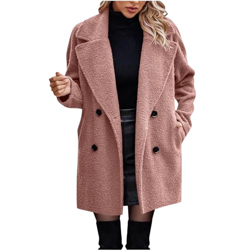 Dyhxuan Teddyfleece Mantel Damen Elegant Revers Fleecemantel Zweireihig Plüsch Trenchcoat Weiche Teddyjacke Warm Wintermantel Outdoor Winterjacke Fleecejacke Einfarbig Plüschmantel Trench Coat von Dyhxuan