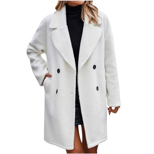 Dyhxuan Teddyfleece Mantel Damen Elegant Revers Fleecemantel Zweireihig Plüsch Trenchcoat Weiche Teddyjacke Warm Wintermantel Outdoor Winterjacke Fleecejacke Einfarbig Plüschmantel Trench Coat von Dyhxuan