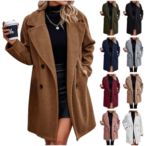 Dyhxuan Teddyfleece Mantel Damen Elegant Revers Fleecemantel Zweireihig Plüsch Trenchcoat Weiche Teddyjacke Warm Wintermantel Outdoor Winterjacke Fleecejacke Einfarbig Plüschmantel Trench Coat von Dyhxuan