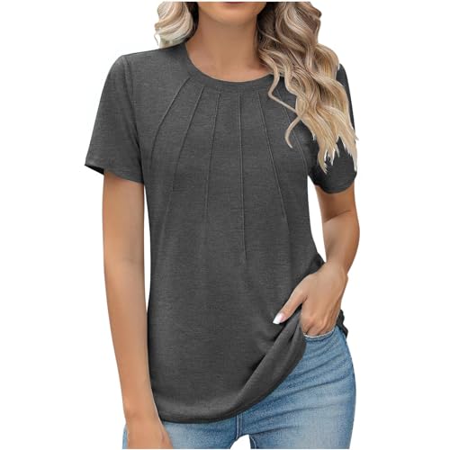 Dyhxuan Tunika Damen Elegant Falten T Shirt Kurzarm Bluse mit Rundhals Einfarbige T-Shirt Sommer Tshirt Tops Slim Fit Oberteile Sommerlich All-Match Pullover Basic Shirt Damenblusen S-2XL von Dyhxuan