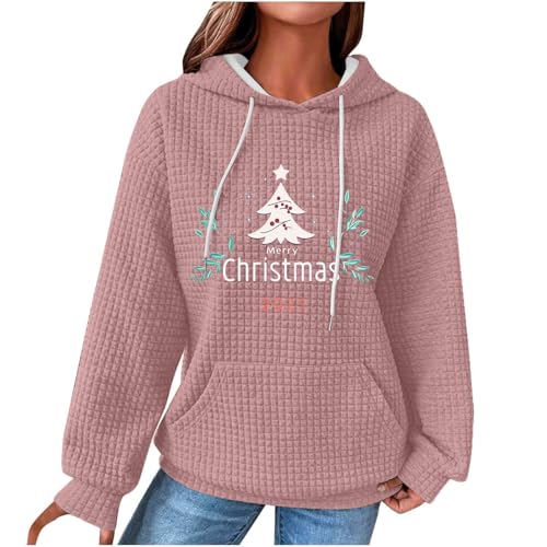 Dyhxuan Weihnachtspullover Damen Weihnachtsdruck Waffel Hoodie Weihnachts Kapuzenpullover Baumwolle Sweatshirt mit Kapzue Christmas Hoody Casual Langarmshirt Festliche Oberteile Weihnachtspulli von Dyhxuan