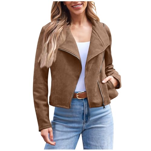 Dyhxuan Wildlederjacke Damen Trendy Kunstlederjacke Cropped übergangsjacke Revers Bikerjacke Streetwear Faux Lederjacke Reißverschluss Kunstleder Jacke von Dyhxuan