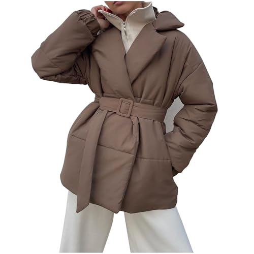 Dyhxuan Winterjacke Damen Winter Steppjacke mit Gürtel Warme Daunenjacke Revers Puffer Jacke Dick Steppmantel Einfarbig Wintermantel Outdoorjacke Steppmantel Modisches Daunenmantel Mantel für Frauen von Dyhxuan