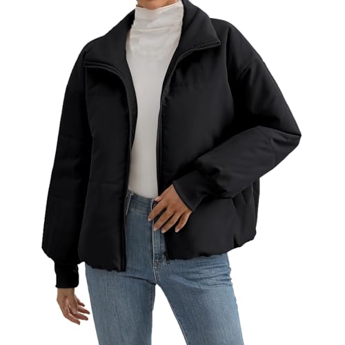 Dyhxuan Winterjacke Damen Winter Warm Daunenjacke Lässig Einfarbige Kurz Übergangsjacke Langarm Umlegekragen Pufferjacke Wintermantel mit Reißverschluss Jacken Teenager Mädchen Trend Outdoorjacke von Dyhxuan