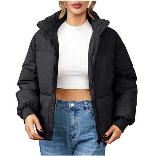 Dyhxuan Winterjacke Damen Winter Warm Daunenjacke Lässig Einfarbige Kurz Übergangsjacke Langarm Umlegekragen Pufferjacke Wintermantel mit Reißverschluss Jacken Teenager Mädchen Trend Outdoorjacke von Dyhxuan