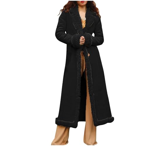 Dyhxuan Wintermantel Damen Elegant Bodenlanger Trenchcoat Wollsamt Revers Mantel Warm Gefütterter Fleecemantel Temperament Winterjacke Plüschmantel Thermo Outdoorjacke Plüsch Wollmantel Damenmantel von Dyhxuan
