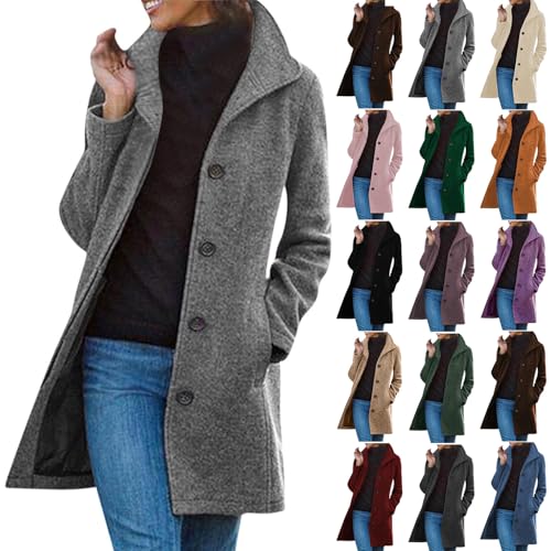 Dyhxuan Wollmantel Damen Elegant Trenchcoat Lang Herbstjacke mit Tasche Einreiher Wolljacke Wolle Windjacke Freizeit Windbreaker Revers Winterjacke Locker Damenjacke Outdoor Mantel Coat Outwear von Dyhxuan
