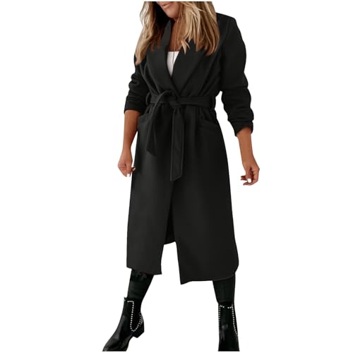 Dyhxuan Wollmantel Damen Lang Einfarbig Trenchcoat Elegant Umlegekragen Mantel Langarm Übergangsmantel mit Gürtel Autumn Winter Outdoor Jacke Damenmantel Casual Outwear Coat von Dyhxuan
